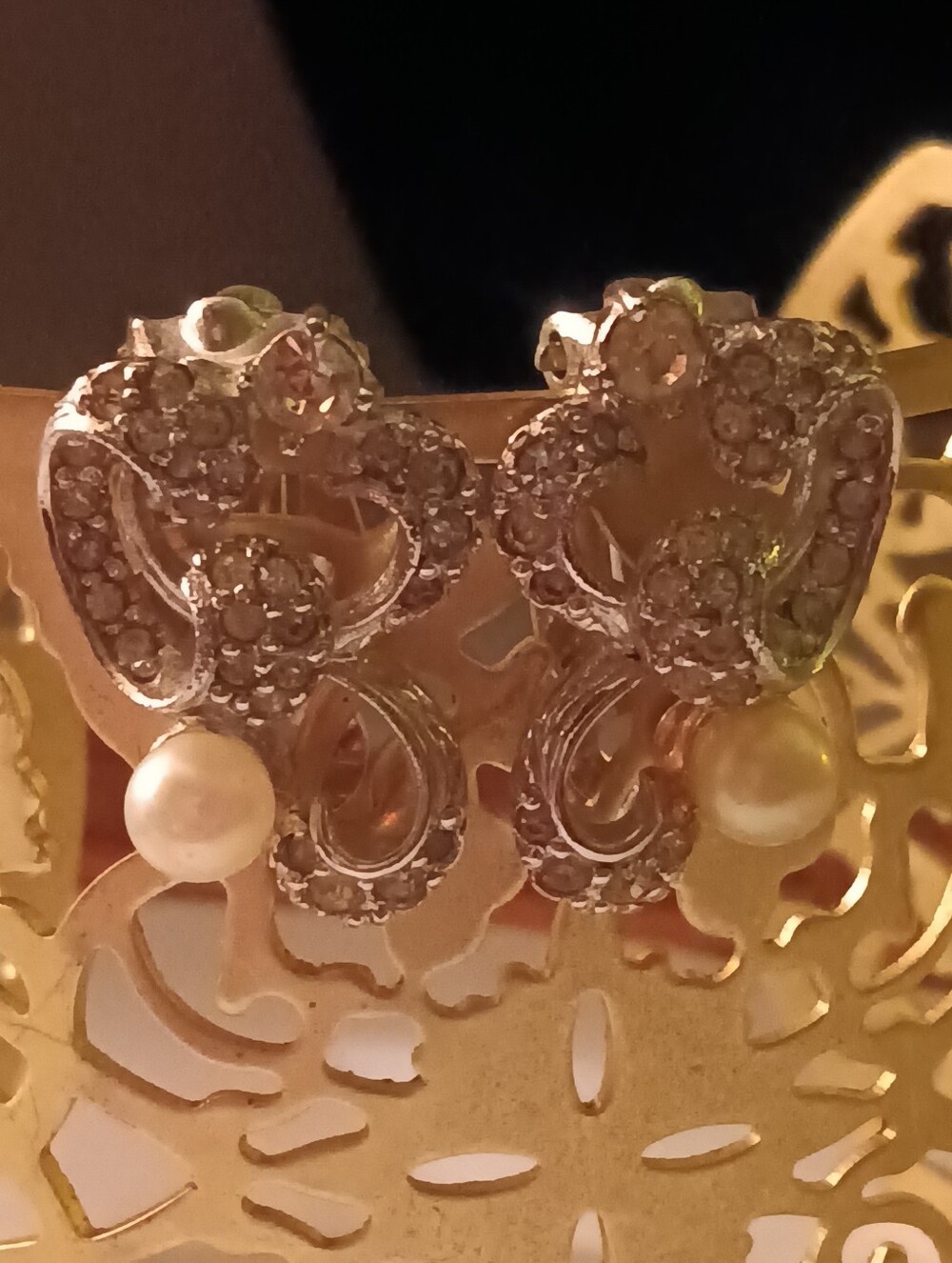 Silver Crystal Heart & Pearl Drop Earrings